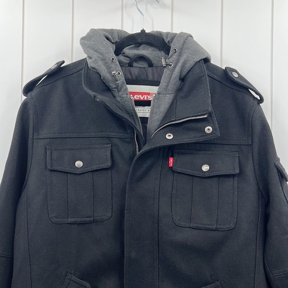 Levi’s Wool Double Zip Hooded Coat Black Gray Quilted W/Pockets Cinch Hood Large - Picture 2 of 14